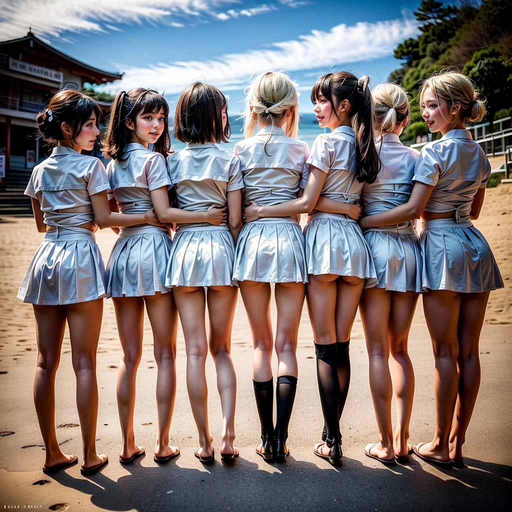 ((ExtremelyDetailed (12 KAWAII Girls in a row:1.37) in WHITE at Dusk Enoshima Beach)), (masterpiece 8K TopQuality) (ProfessionalPhoto:1.37), {(Standing Full Body:1.2)|(from below:1.2)}, Different types of hair colors, {School Uniform|naked bandage|tutu}, PUNIPUNI, Joyful Expressions LifeLike Rendering, PerfectLighting, (Upskirt:0.22), [RainbowColorHorizon]