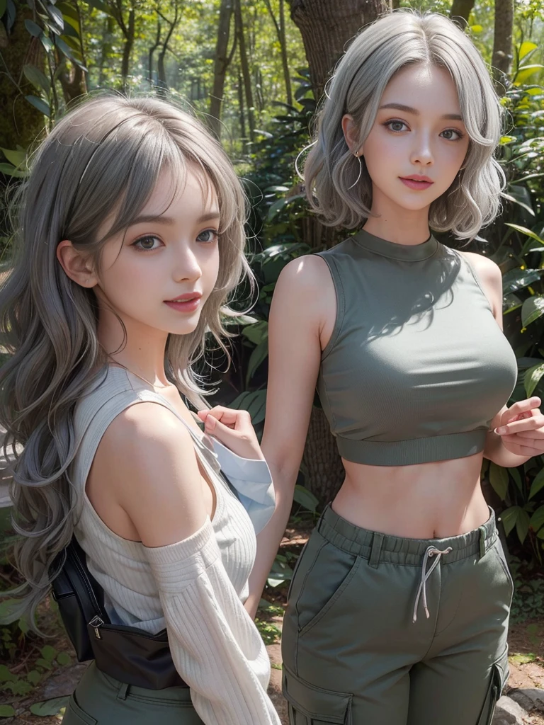((masterpiece)), ((best quality)), (ultra-detailed), ((extremely detailed)), 4K, (8K), best quality, a beautiful woman, (( gray hair)),  ((curly bob cut)), hair in 7 thirds, light blue eyes, detailed skin, freckled skin, 20 years old, ((wavy hair)), ((hair over one ear)), ((Forehead)), ((1girl, solo))

navel out, toned stomach, D cup, outdoors, divine light, happiness,　In the woods, tracking, white crop top, moss green cargo pants, big black backpack, smiling, various angles 1girl, Detailed face, detailed eyes, detailed hands, perfect hands