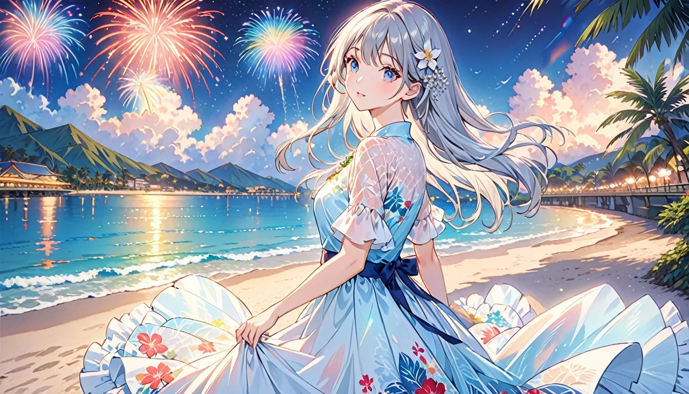 She is a beautiful woman with long silvery hair and beautiful eyes.、She is wearing an elegant and detailed Aloha dress.。The dress is、To give a luxurious and classy feel、Must have intricate designs and patterns。In the background、The image is、Depicts a romantic Hawaiian beach at night with lights reflecting on the water and an illuminated bridge crossing the scene.、The shimmering effect and rainbows throughout the image need to be highlighted。Enhance your look、Add some extra frills to your dress、Make it stand out。」