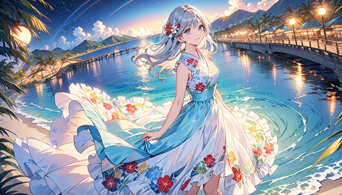She is a beautiful woman with long silvery hair and beautiful eyes.、She is wearing an elegant and detailed Aloha dress.。The dress is、To give a luxurious and classy feel、Must have intricate designs and patterns。In the background、The image is、Depicts a romantic Hawaiian beach at night with lights reflecting on the water and an illuminated bridge crossing the scene.、The shimmering effect and rainbows throughout the image need to be highlighted。Enhance your look、Add some extra frills to your dress、Make it stand out。」