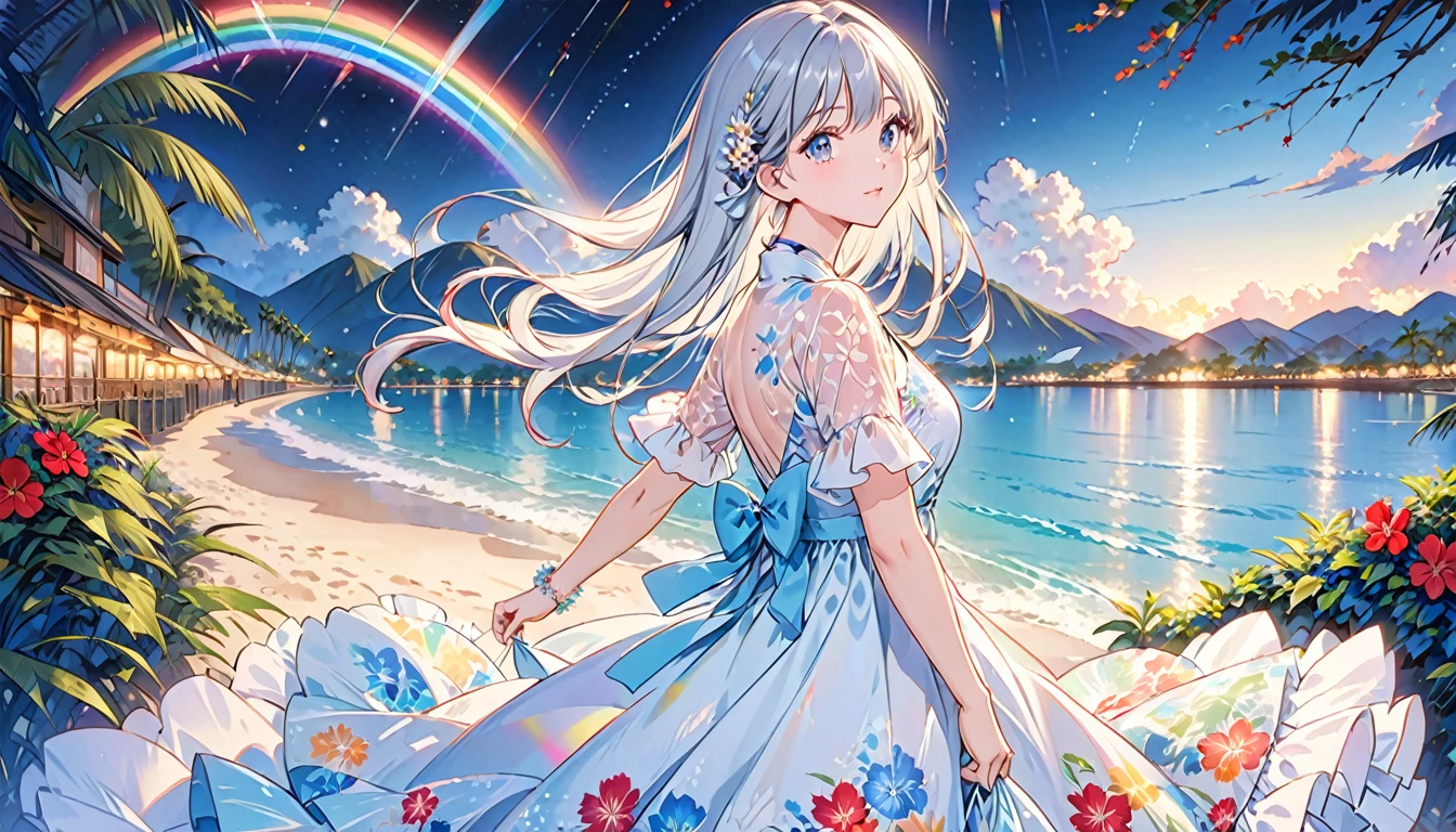 She is a beautiful woman with long silvery hair and beautiful eyes.、She is wearing an elegant and detailed Aloha dress.。The dress is、To give a luxurious and classy feel、Must have intricate designs and patterns。In the background、The image is、Depicts a romantic Hawaiian beach at night with lights reflecting on the water and an illuminated bridge crossing the scene.、The shimmering effect and rainbows throughout the image need to be highlighted。Enhance your look、Add some extra frills to your dress、Make it stand out。」