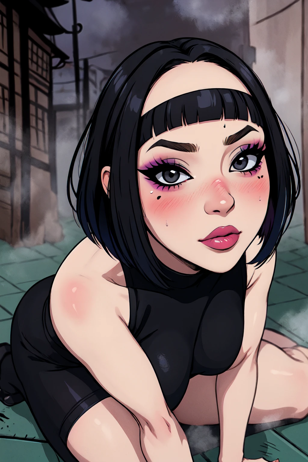 1girl, FengMin, solo, skinny, black eyes, asian eyes, eyeliner, looking at viewer, lips, black bob cut, blunt bangs, blush, large breasts, sitting on the floor, whole body, face focus, outdoors, horror \(theme\), night, fog egirlmakeup,