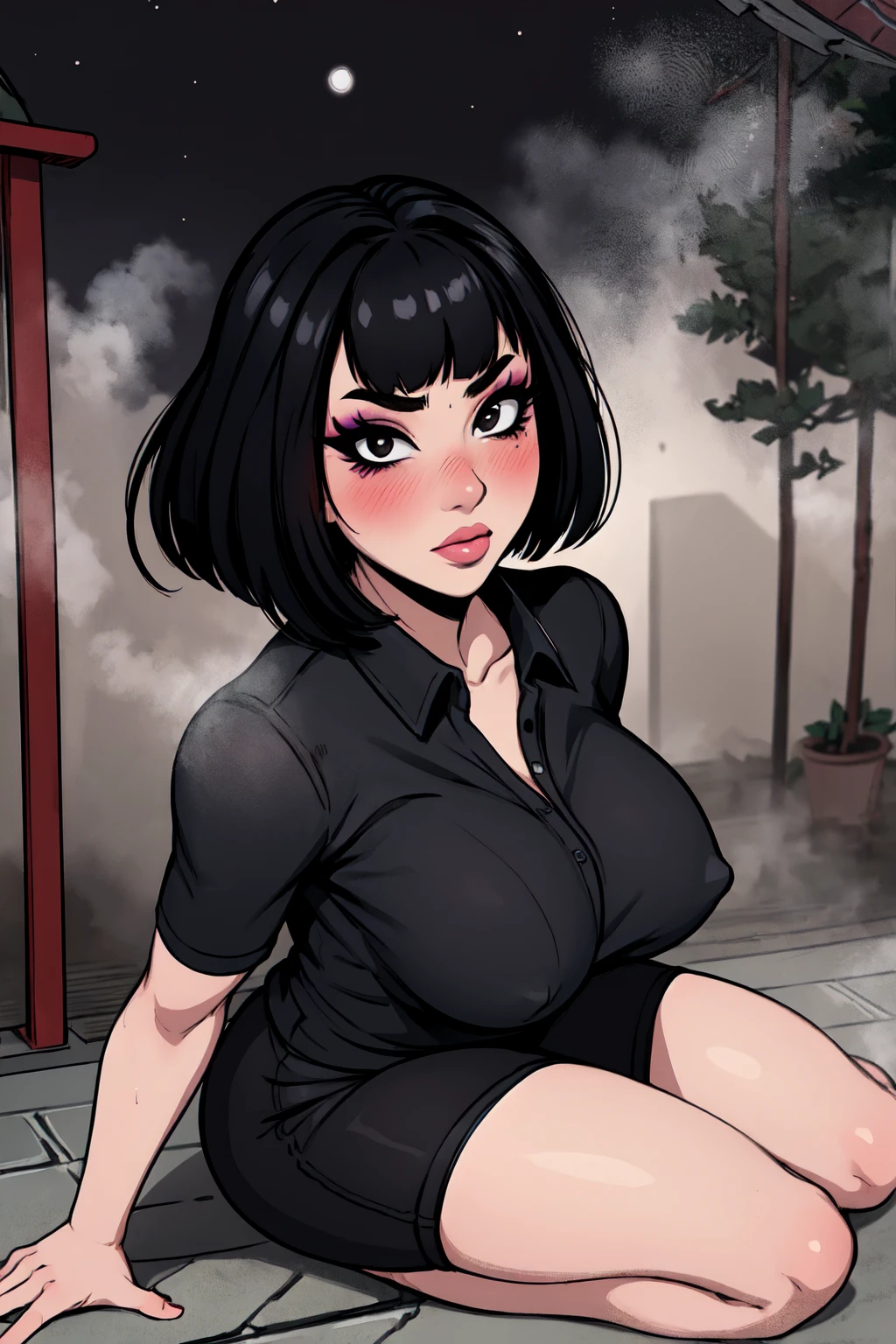 1girl, FengMin, solo, skinny, black eyes, asian eyes, eyeliner, looking at viewer, lips, black bob cut, blunt bangs, blush, large breasts, sitting on the floor, whole body, face focus, outdoors, horror \(theme\), night, fog egirlmakeup,