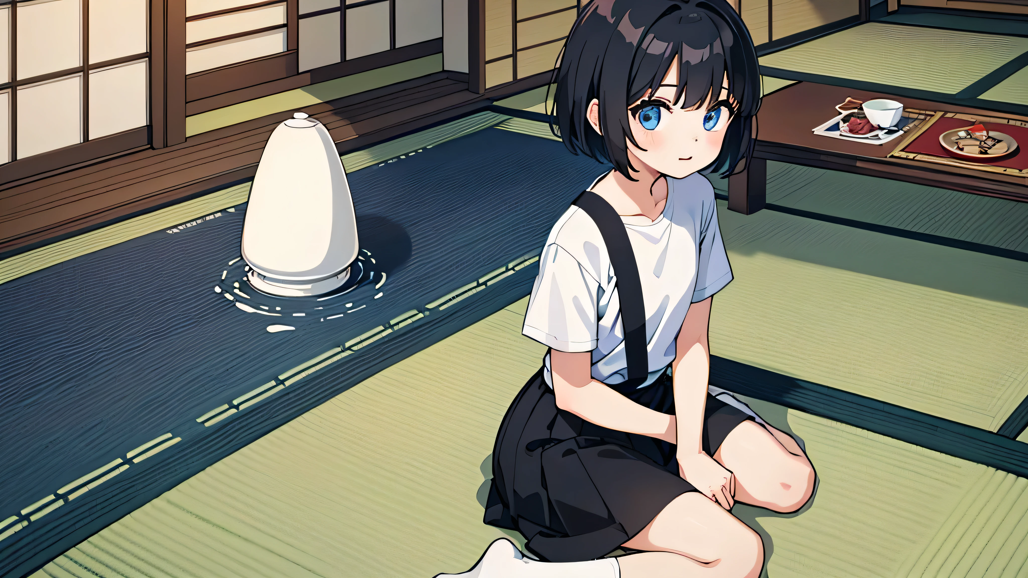 1girl, solo, blue eyes, (detailed eyes), flat chest, short hair, black hair, ((white t-shirt)), simple t-shirt, black skirt, black socks, upper body, ((masterpiece, illustration, best quality)) sitting on a floor with tea in a traditional Japanese room with Japanese Interior Decoration, Traditional Japanese appearance, environmental design, home decor, japanese house