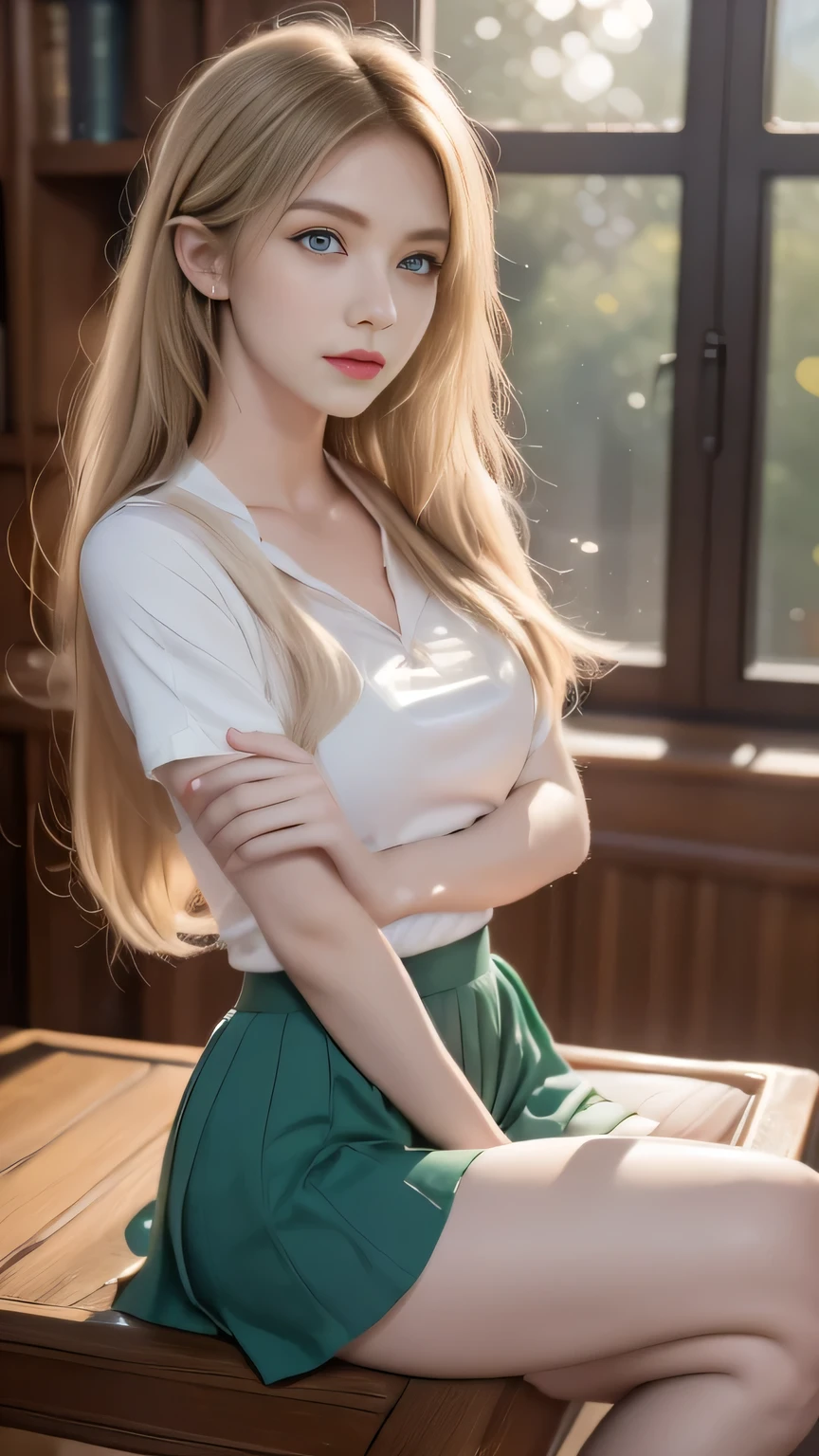 ((masterpiece,best quality, high resolution)), 1 Girl, Solitary, Green Eyes, Long blond hair tied with a blue ribbon, Bangs, sit, Cross your arms on the table, Sleeping with arms folded, Uniforms, White Seraph, Red sailor collar, Short sleeve, White pleated skirt, (In the library), Dramatic lighting, Next to the window, afternoon light through the window, afternoon, Bokeh effect