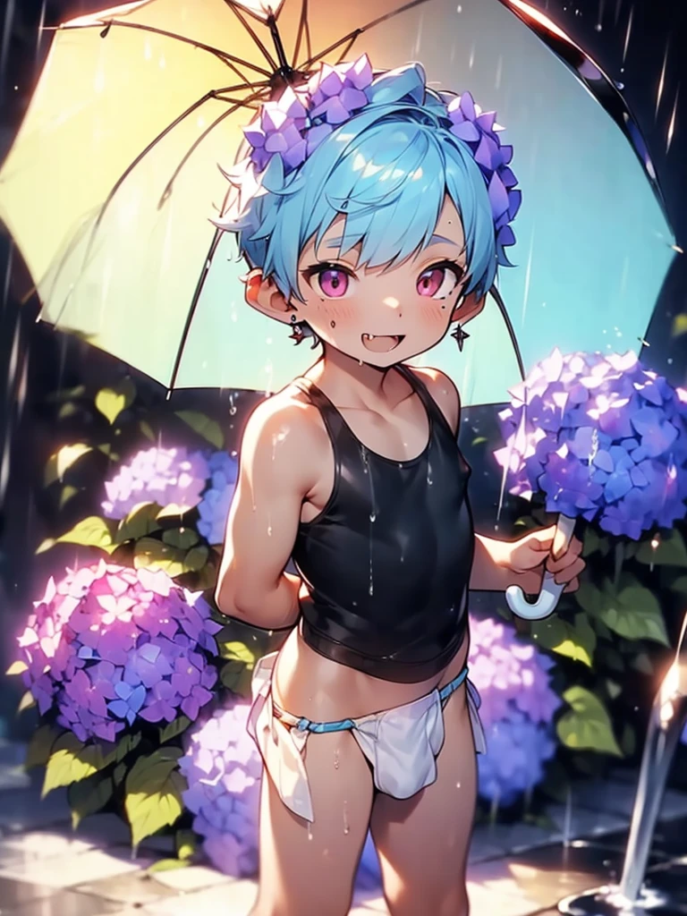 ((solo)), (boldline:-1.6), (holding yellow umbrella:1.5), (arched back:1.3), ((bubble)), (standing:1.5), (((fang))), (((best finger))), BREAK (best quality:1.5), (absolutely resolution:1.5), (ultra detailed:1.5), (masterpiece:1.5), (perfect face), (detailed face), (detailed eyes:1.5), (best eyes:1.5), (cute face), (shota:2), BREAK (black tank top:1.5), BREAK (white loincloth:1.5), (see throgh wet clothes:1.3), (bulge:1.6), (skinny:1.3), BREAK (light blue hair:1.5), (spiked hair), BREAK (wine red eyes:1.4), (eyes with highlight:1.6), ((mole under eye)), (sweaty skin), (chuckling:1.5), ((earrings)), (shiny skin:1.3), BREAK (purple hydrangea:1.5), (road), (rainbow:1.3), (sunlight), (heavy rain:1.5), ((wind blowing)), ((nipple)), (abs), groin, water splashing,