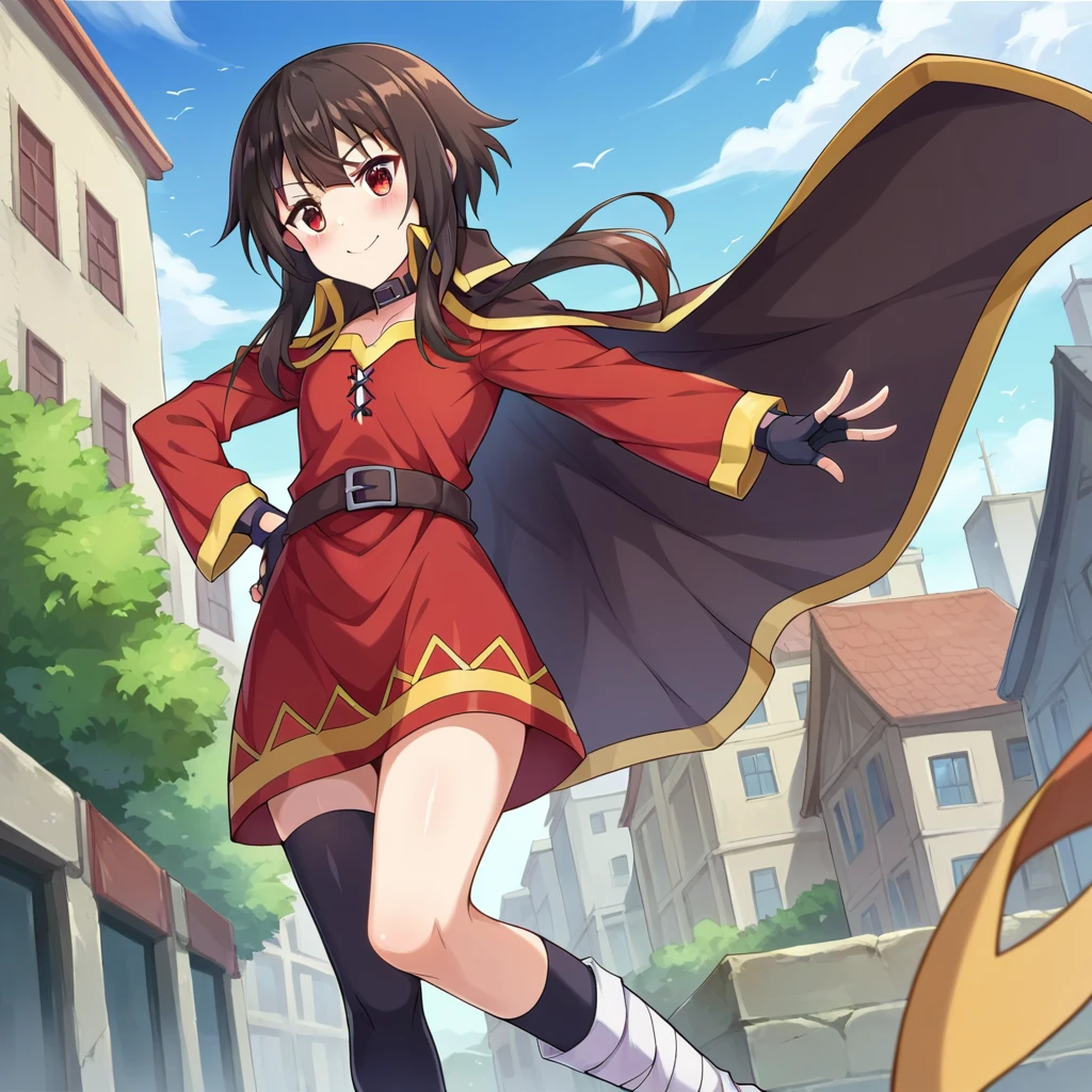 score_9, score_8_superior, score_7_superior, score_6_superior, score_5_superior, score_4_superior, Break Source_anime,city,Outdoor,smile,Are standing,Put your hands on your hips,Megumin, short hair, Black Hair, Red eyes, Side Lock, Long Hair,,Knee socks, gloves, Have,Red dress, black gloves, belt, black Knee socks, fingerless gloves, Cape, collar, witch Have, bandage, Red dress, シングルKnee socks, Asymmetrical legwear, bandageを巻いた足、Angel、wing