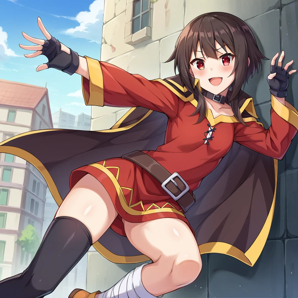 score_9, score_8_superior, score_7_superior, score_6_superior, score_5_superior, score_4_superior, Break Source_anime,city,Outdoor,smile,Are standing,Put your hands on your hips,Megumin, short hair, Black Hair, Red eyes, Side Lock, Long Hair,,Knee socks, gloves, Have,Red dress, black gloves, belt, black Knee socks, fingerless gloves, Cape, collar, witch Have, bandage, Red dress, シングルKnee socks, Asymmetrical legwear, bandageを巻いた足、Angel、wing