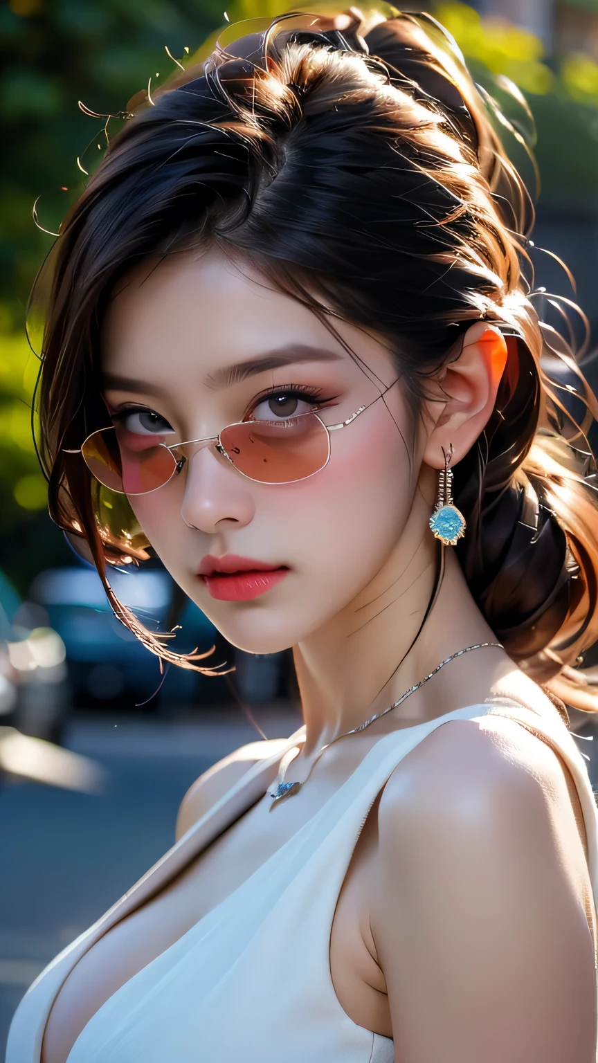 最high quality, masterpiece, High Resolution, One Girl, China dress, hat, necklace, jewelry, Beautiful Face, On top of that_body, Tyndall effect, Realistic, Dark studio, Rim Light, Two-tone lighting, (High resolutionスキン: 1.2), 8K Ultra HD, Digital SLR, Soft lighting, high quality, Volumetric lighting, Frank, photograph, High resolution, 4K, 8K, Bokeh, (Dynamic pose)､ masterpiece, 最high quality, high quality, High resolution､(Upper body portrait)､(Wearing light blue sunglasses)､(((Incredibly large breasts)))､Cleavage､