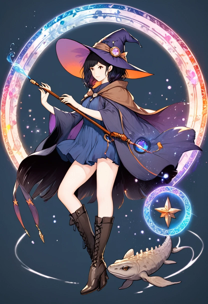 A beautiful witch in the style of Studio Ghibli, 1.55 tall, ************, medium-length black hair, light brown eyes, fair skin, wearing a knee-length transparent blue dress, black stockings and dark brown boots, a black and cinnamon cloak, a light brown handbag and a magic wand made of coral lizard. 8k image, ((highest quality)),(ultra high resolution),(Super detailed),(detailed description),((best GC)),(best artwork),super art precision,great drawing- art(Fantasy art with precise details:1.5),(witch:1.6),(and pretty cute shaped face:a 1.5),(Magic circle floating:1.6),dynamic pose:1.5,boots:1.3, magic circle, final fantasy XV style, 4K, super sexy, without panties