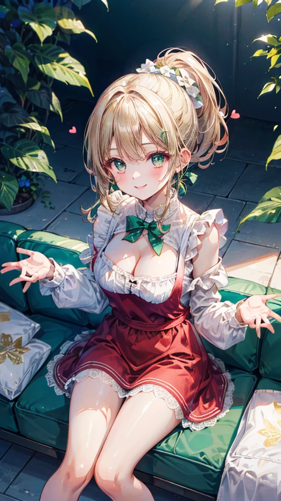 (Best quality, 8k, 32k, Masterpiece, UHD,:1.2),RAW, human, 1girl,ultra cute , ultra cute, natural lighting, transparent shining eyes, 20yo, medium breast ,femur, fair complexion , flushed face, ,Homemade Country Dress,long-sleeved dress in muted colors, Handmade apron for practicality and style, sturdy fabrics like cotton, Happily Smiling, ((sitting with legs outstretched)), on sofa, emerald green, From the front and above, Closeup shot, Cleavage Cutout, blonde ponytail, arms between legs, emphasizing the Cleavage, breast shot, heart, off-shoulder