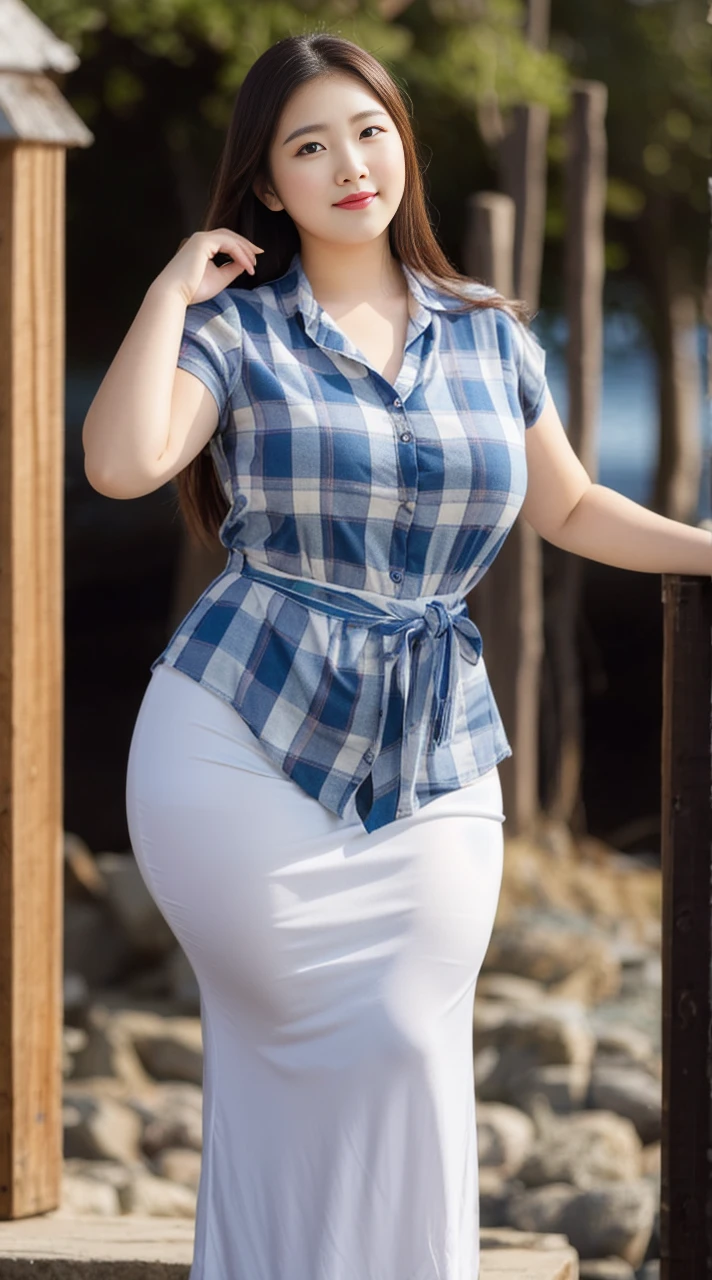 Beautiful fat woman standing by the sea