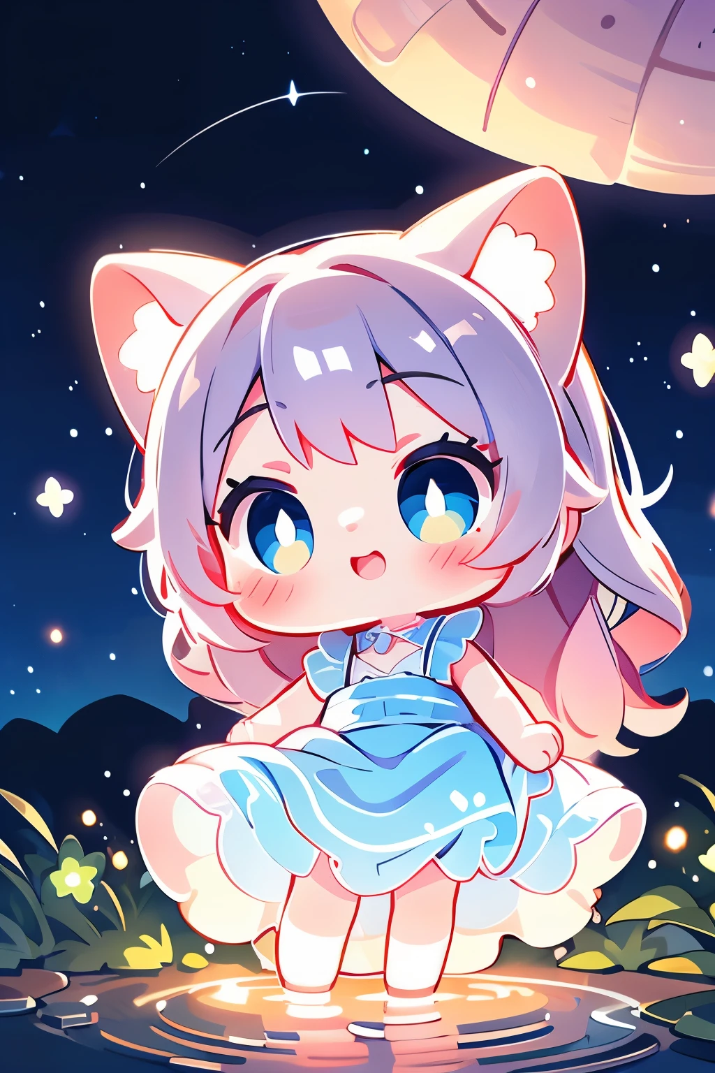 Photorealistic、Chibi Girl Doll(Enjoy the night view from the riverside、firefly、Bioluminescence)