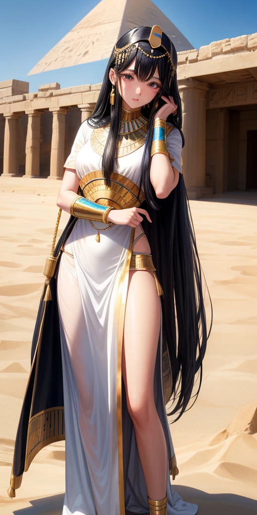 beautiful girl,straight hair,black hair,black eyes,ancient egyptian costume,white dress,long hair,desert atmosphere