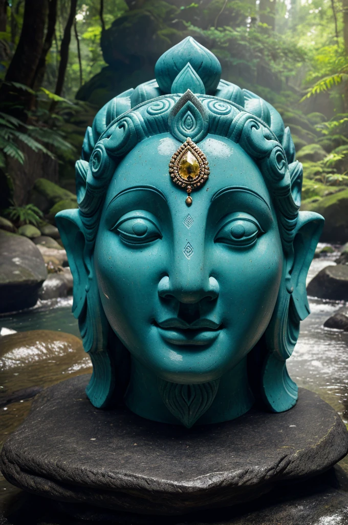 A captivating close-up of a stone yellow head sculpted in the style of a ganesh, with intricate facial features and a serene expression. The head is perched atop a rocky outcrop, with a majestic waterfall turquoise cascading down its face, creating a mesmerizing interplay of light and shadow. The background reveals a dense, verdant forest in black and white, and the overall atmosphere is one of ancient mysticism and reverence.uhd 8k photo, poster, cinematic, 3d render, vibrant