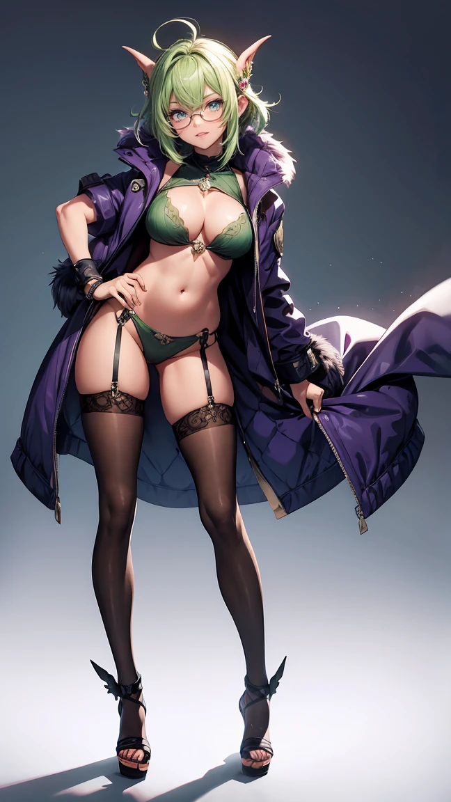 ((best quality)), ((masterpiece)), (detailed), goblin girl, (green skin), purple hair, glasses, cleavage, sexy, romantic lighting, full body, standing in front of a white background, posing for picture, simple background, front pov, low pov, posing for portrait, posing for full body picture, smiling, standing straight and tall, wearing purple shoes, sexy, sassy, thin