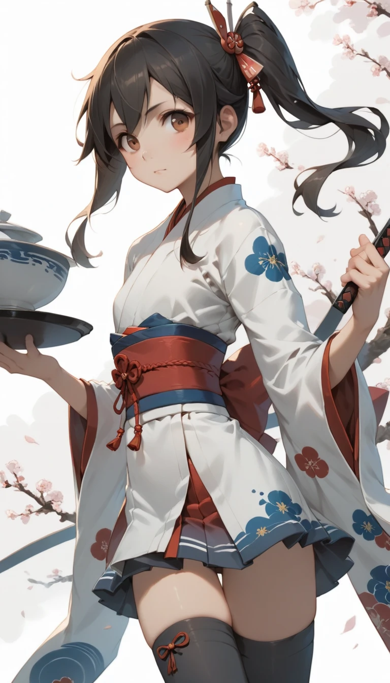 (masterpiece, Highest quality) detailed, From you (Kantai Collection), {{From you kai ni (Kantai Collection)}}, Side Ponytail, Brown eyes, Long black hair, black thighhighs, Short skirt, In the same way skirt, kimono, , blue In the same way, In the same way, breastplate, tasuki, whole body,Chinese element pattern,thigh, Japan bow, Ready the Japan bow