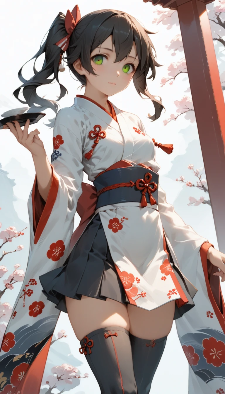 (masterpiece, Highest quality) detailed, From you (Kantai Collection), {{From you kai ni (Kantai Collection)}}, Side Ponytail, Brown eyes, Long black hair, black thighhighs, Short skirt, In the same way skirt, kimono, , blue In the same way, In the same way, breastplate, tasuki, whole body,Chinese element pattern,thigh, Japan bow, Ready the Japan bow