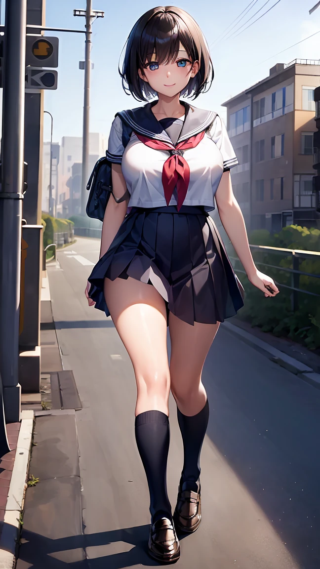 ​(morning, crossing, neighborhood, schoolway :1.4), high resolution, extremely detailed CG, unity 8k wallpaper, super detailed skin, perfect anatomy, detailed, cinematic lighting, dynamic lighting, beautiful eyes, black short hair, closed eye, (smile:1.2)、(looking at viewer:1.8), (huge breasts:1)、 (sailor uniform, knee high socks, school shoes, school bag), (gleaming skin:1.2)、
(arms behind back, walking:1.3), showing panties,