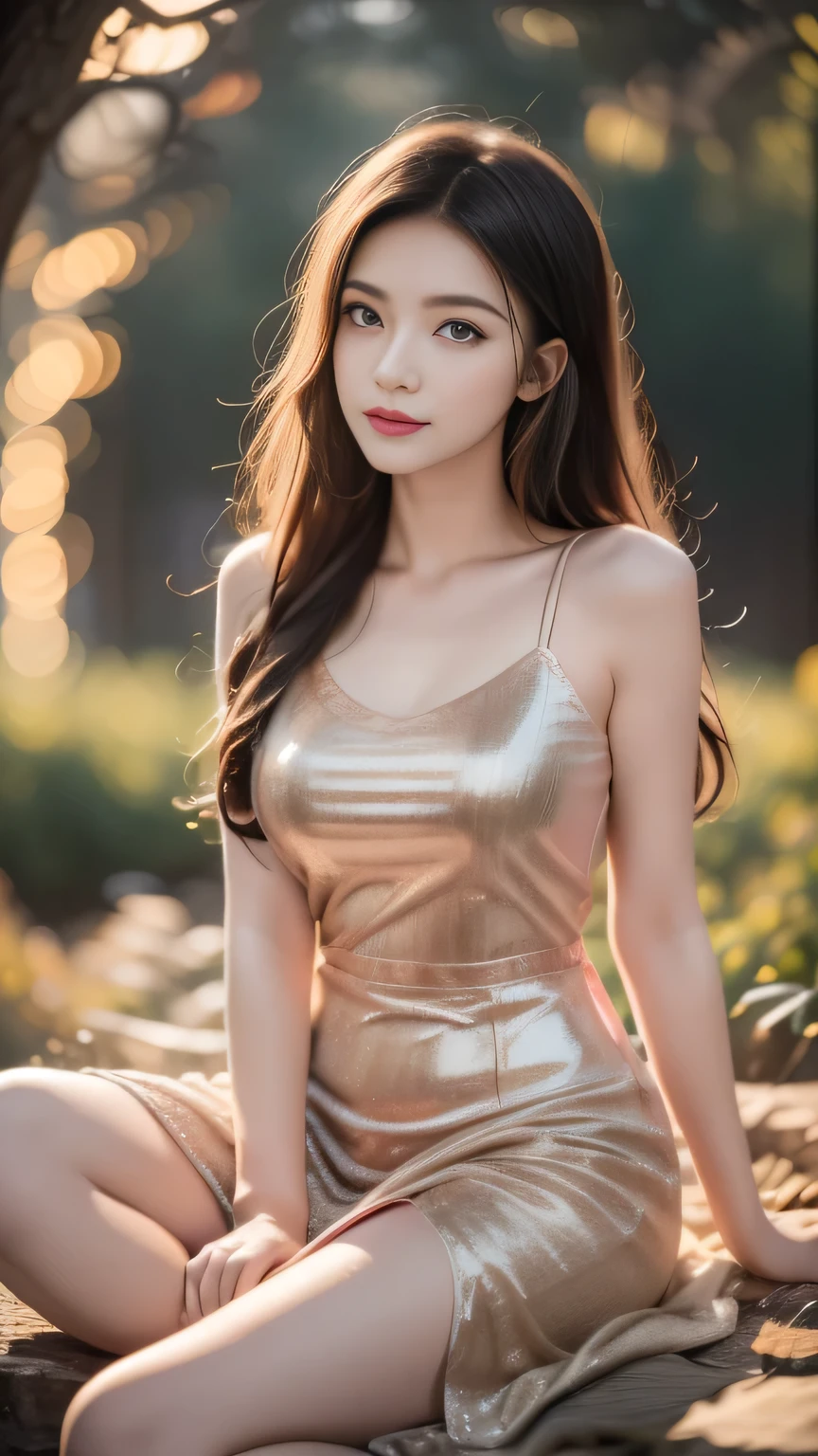 (masterpiece, best quality), 1 Girl(Athena_Assamese), Cute dress, Black long hair, sit, Beautiful outdoor background, night, forest
