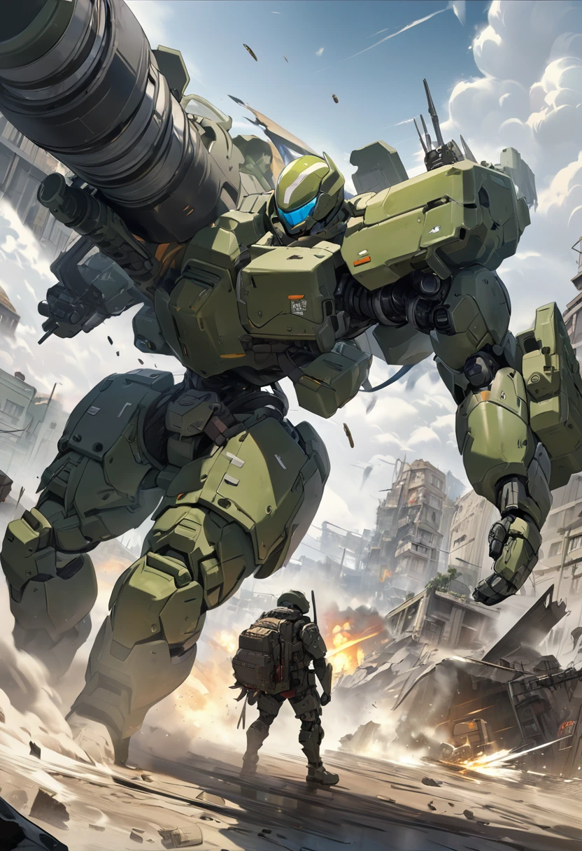 A humanoid military robot 3 meters tall with a helmet-shaped head and goggle mono-eye, The body armor is covered with highly bullet-resistant reactive armor.Stylish but rugged armor, Olive green faded armor, He has a backpack on his back that holds weapons and ammunition, and on one arm Equipped with a long-barreled Gatling gun, a bullet supply belt connects from the Gatling gun to the backpack, and a large number of empty cartridges are ejected from the Gatling gun.Dynamically hitting a Gatling gun, The background of a ruined town, a mixture of fog, gunpowder and dust, a sense of tension and tension, (high resolution, high resolution digital art, 4k, 8k. Masterpiece: 1.2) Ultra detail, Movie-like lighting, ultra-fine painting, concept art,