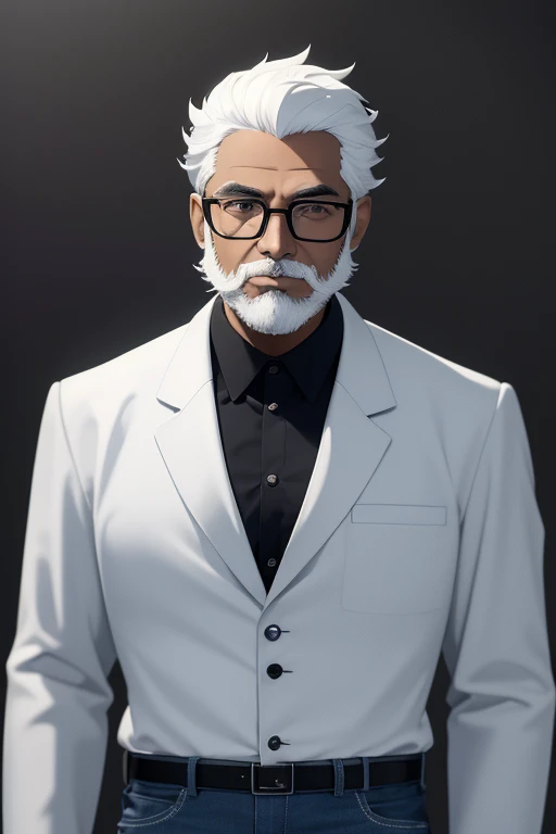 Handsome 40 year old scientist, short white hair with black beard, dark skin, black eyes, scientists glasses, open white scientist coat, blue jeans, black shirt, black belt, looking directly at the viewer. a white background.