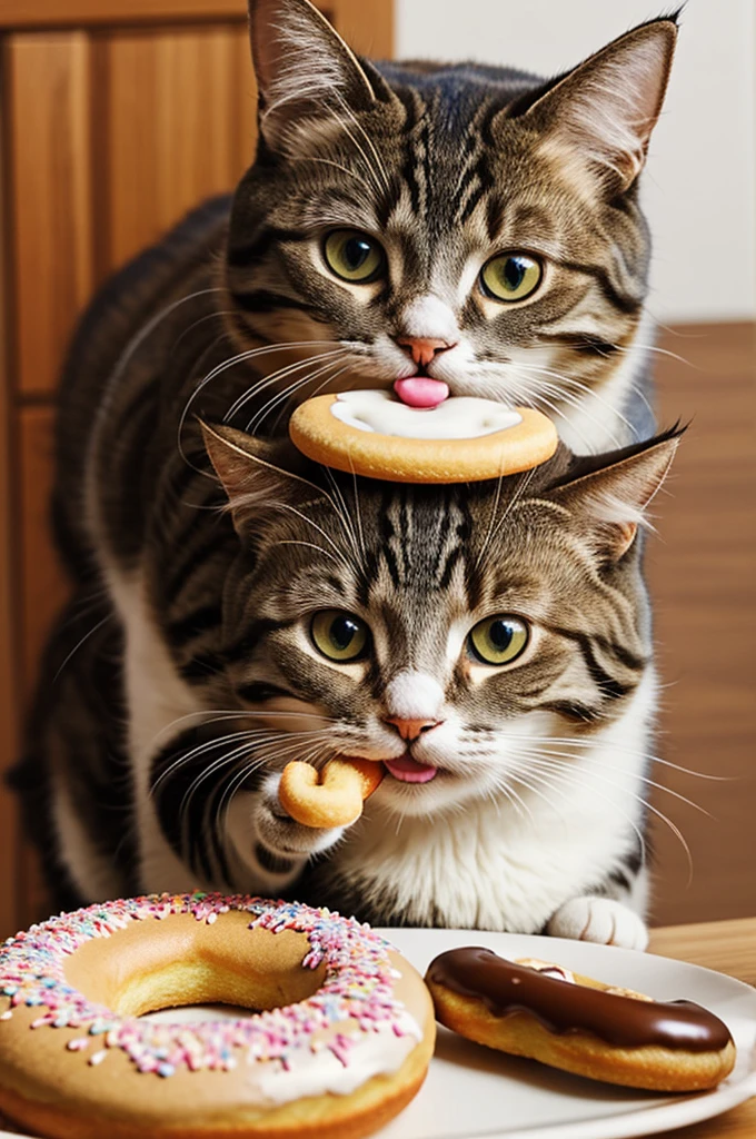 animated semi-realistic adorable cat eating donuts