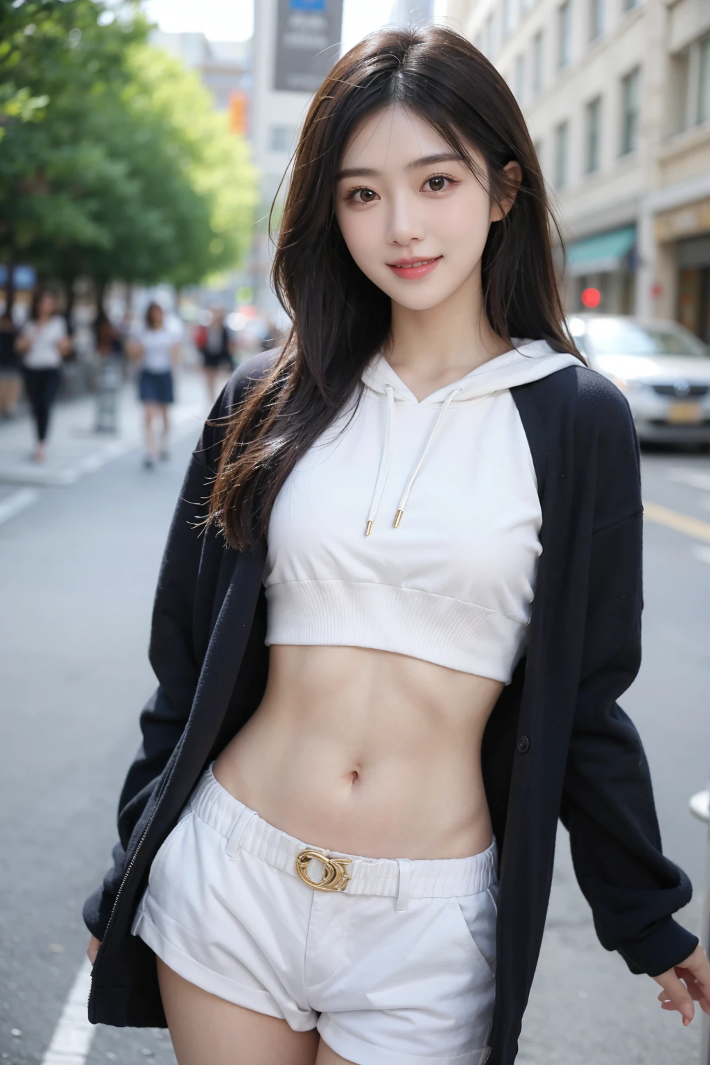 1girl, solo, long hair, breasts, looking at viewer, brown hair, black hair, long sleeves, belly open, belly exposed,navel, standing, Hoodies, cowboy shot, outdoors, parted lips, midriff, low-rise,belt, hood, blurry, lips, black midriff down jacket, fur trim, depth of field, summer street background,light_smile, 21yo girl,