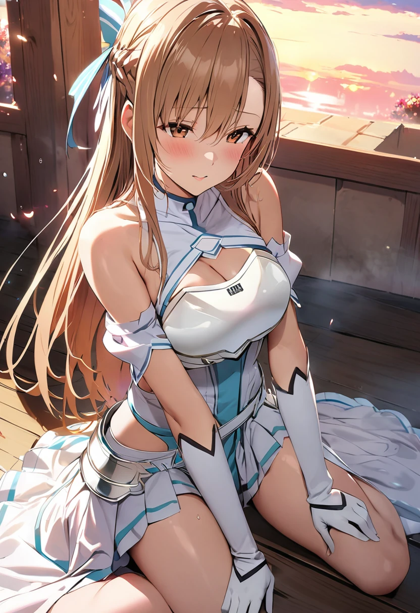 ((masterpiece)), Highest quality, Very detailed,(One Girl),Yuki Asuna、Asuna (stay), brown eyes, bare shoulders, breastplate, armor, detached sleeves, gloves, white gloves, dress, (red and white dress), Long Hair, Beautiful background ,Clothing,  chest, (((aroused))), (((in heat))),