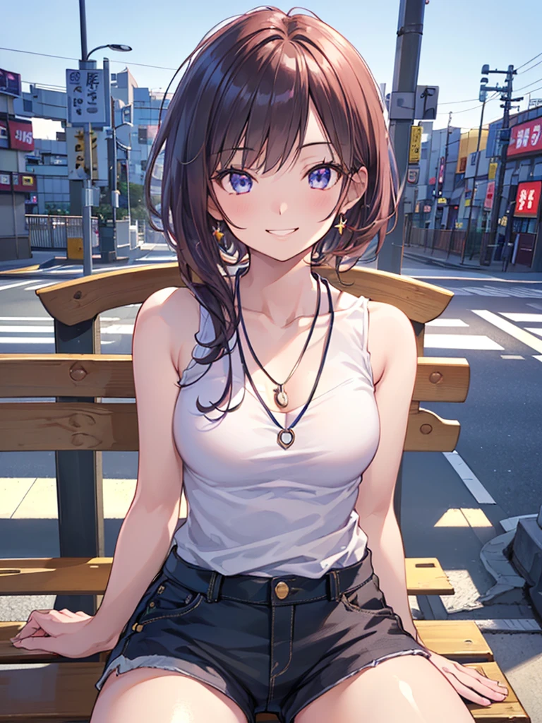 ((Ultra-detailed)), (top-quality), ((masterpiece)), ((Super exciting)), ((8K)), ((1080p)), ((extremely clear)), ((Very sophisticated)),((natural lighting)), ((depth of fields)), ((Glowing skin)), ((gleaming)), ((shiny-glistening)), (3D)), ((Perfect Anatomy)), (Realistic skin texture), ((Detailed face description)), (((perfect balance))), (((Solo))), ((a girl)), (grinned)), (slanted eyes), (sit on bench), (grinned), ((sleeveless), (neckless)), (shirts), (short pants), ((Tokyo background)),