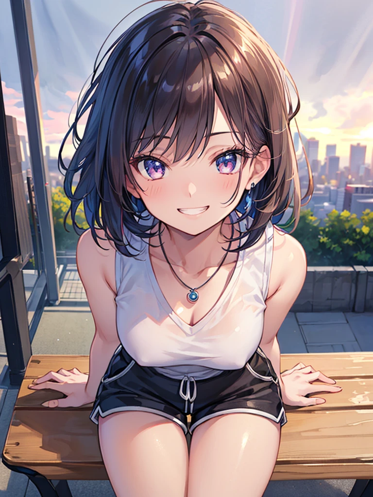 ((Ultra-detailed)), (top-quality), ((masterpiece)), ((Super exciting)), ((8K)), ((1080p)), ((extremely clear)), ((Very sophisticated)),((natural lighting)), ((depth of fields)), ((Glowing skin)), ((gleaming)), ((shiny-glistening)), (3D)), ((Perfect Anatomy)), (Realistic skin texture), ((Detailed face description)), (((perfect balance))), (((Solo))), ((a girl)), (grinned)), (slanted eyes), (sit on bench), (grinned), ((sleeveless), (neckless)), (shirts), (short pants), ((Tokyo background)),