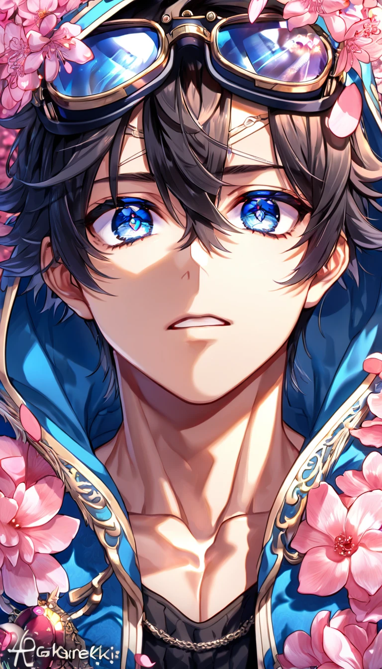 absurdres, highres, ultra detailed, HDR, master piece, best quality, Gareki, messy hair, black hair, hair between the eyes, expressive blue eyes, Karneval, solo, sexy man, handsome, black shirt, a hooded blue coat, a pair of black goggles on the forehead, fantasy, shining, pink flowers, pink blossoms, pink petals