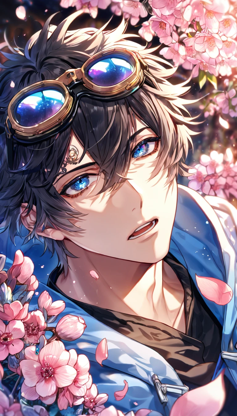 absurdres, highres, ultra detailed, HDR, master piece, best quality, Gareki, messy hair, black hair, hair between the eyes, expressive blue eyes, Karneval, solo, sexy man, handsome, black shirt, a hooded blue coat, a pair of black goggles on the forehead, fantasy, shining, pink flowers, pink blossoms, pink petals