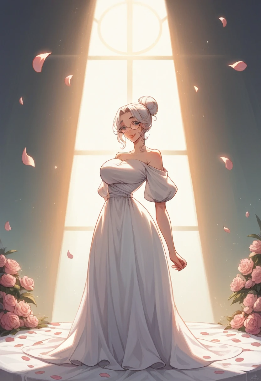 best qualityer,high resolution,ultra detali,realisitic,photorealisitic:1.37,portraite, complex white long dress, ((modest dress)), standing, in the middle of the pool, wearing glasses,silver long hair,hair with bun,smiling woman,near the abdomen, ((large breasted)), beautiful detailed eyes,beautiful detailed lips,flower petals in the air, bright coloured,studio lighting,soft sunlight, happy face, shy, blushful, leaning back in the chair