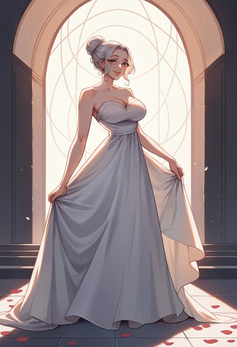 best qualityer,high resolution,ultra detali,realisitic,photorealisitic:1.37,portraite, complex white long dress, ((modest dress)), standing, in the middle of the pool, wearing glasses,silver long hair,hair with bun,smiling woman,near the abdomen, ((large breasted)), beautiful detailed eyes,beautiful detailed lips,flower petals in the air, bright coloured,studio lighting,soft sunlight, happy face, shy, blushful, leaning back in the chair