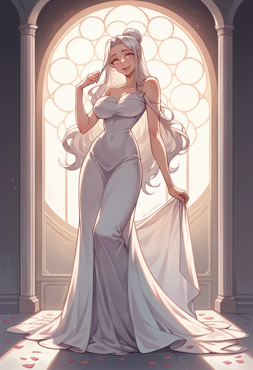 best qualityer,high resolution,ultra detali,realisitic,photorealisitic:1.37,portraite, complex white long dress, ((modest dress)), standing, in the middle of the pool, wearing glasses,silver long hair,hair with bun,smiling woman,near the abdomen, ((large breasted)), beautiful detailed eyes,beautiful detailed lips,flower petals in the air, bright coloured,studio lighting,soft sunlight, happy face, shy, blushful, leaning back in the chair
