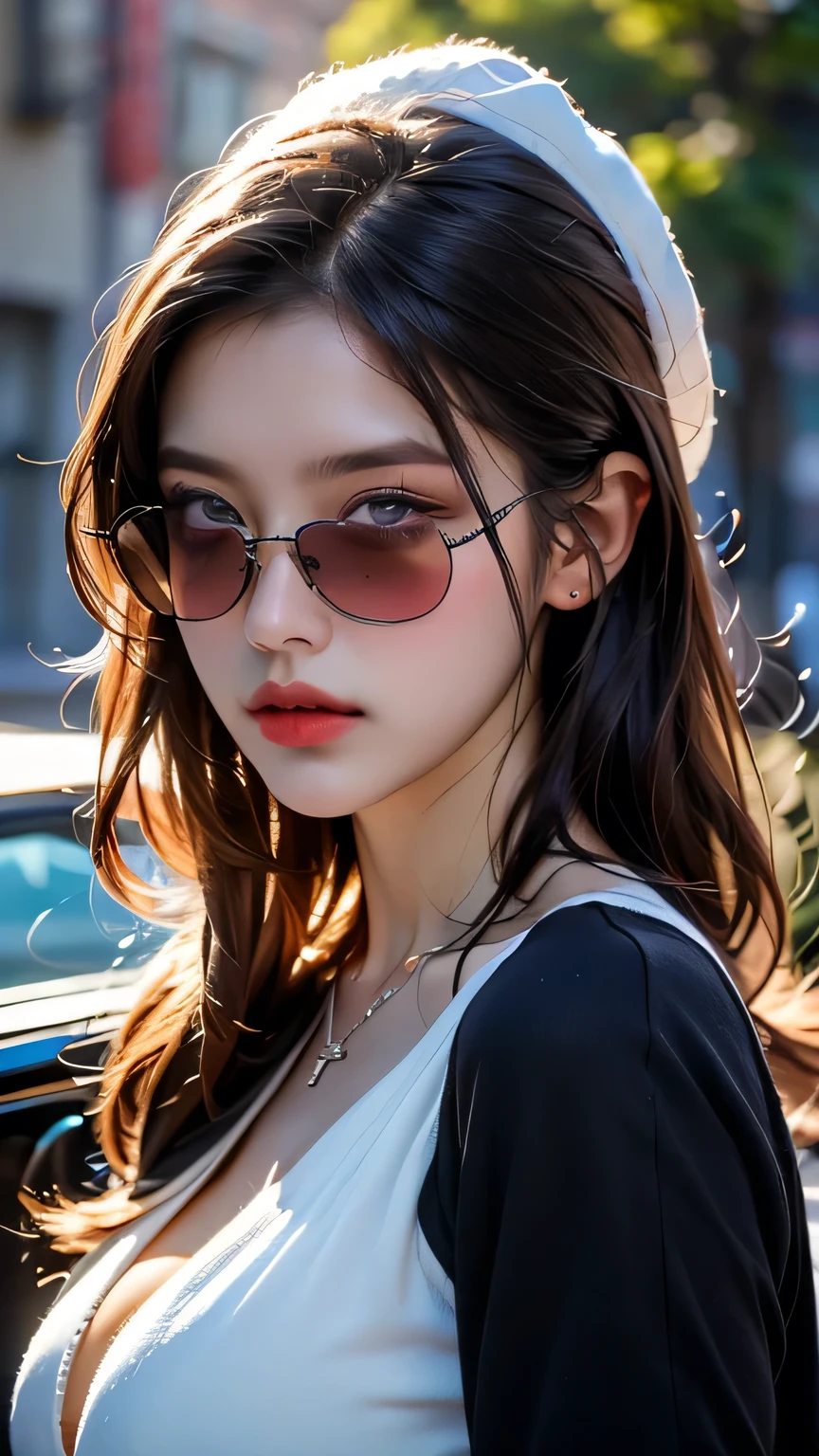 masterpiece, (photoGenuineistic: 1.4), highest quality, Beautiful lighting, Japanese , alone, jewelry, Earrings, (black eye、Big eyes、Baby Face:1.2), (Brown Hair、short hair、bangsが揃っている:1.2), Outdoor, Big Breasts, Scapula, Glowing Lips,smile、sunset,Genuine, bangs, (Golden ratio face、plump lower lip、Pink Lips:1.4)、fine grain、Detailed nose、Fine ears、Shiny lip detail、Color Stone Necklace, (Big Breasts、Big Ass:1.6),(CG Unity 8k high resolution wallpaper), Complex, Attention to detail, Sharp focus, dramatic, beautiful girl,(The water surface is reflected、Blurred Background、Starry Sky、Big plane、Night view:1.6)、(Brown Hair、short hair、Hair Bun、bangsが揃っている:1.2)、BREAK (from the front:1.8)、Smile、(Large black-rimmed glasses、Blue Lens、sunglasses:1.4)