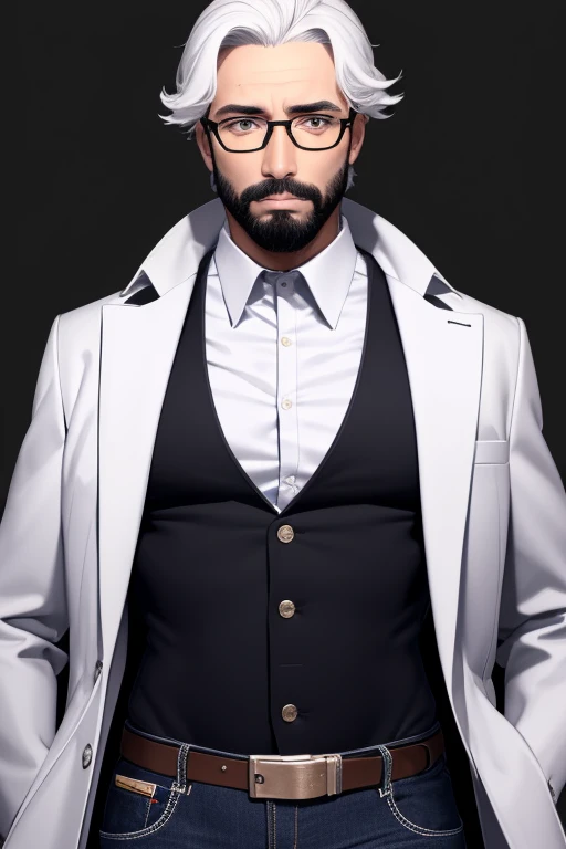 Handsome 40 year old scientist, short white hair with black beard, dark skin, black eyes, scientists glasses, open white scientist coat, blue jeans, black shirt, black belt, looking directly at the viewer. a white background.