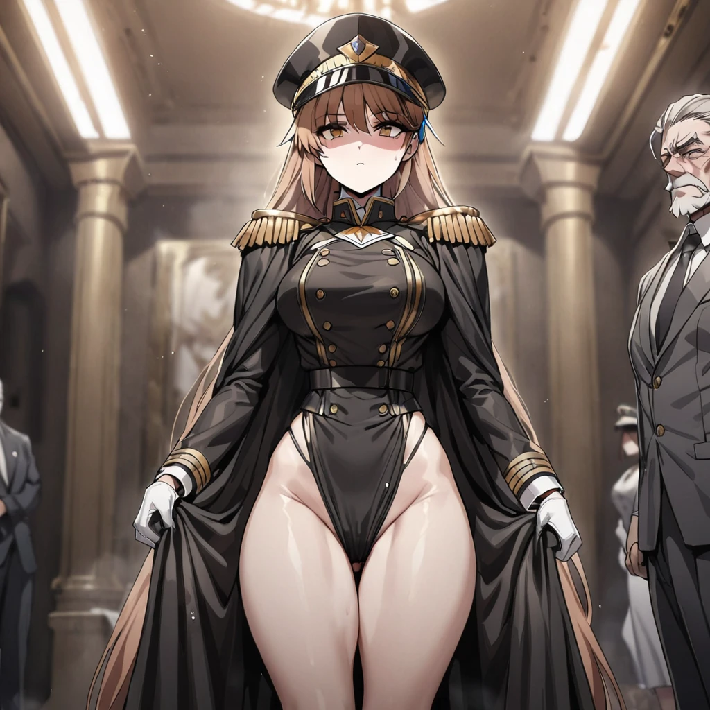 ((Highest quality)), ((masterpiece)), (detailed), （Perfect Face）、The woman is Princess Leona, with medium-long light brown hair, wearing a sexy black military uniform and cap, and is in a luxurious room being held by a strong, dignified, and powerful old man, a villainous old general, who treats her as his mistress.、Women are brainwashed, expressionless, and have no highlights in their eyes.