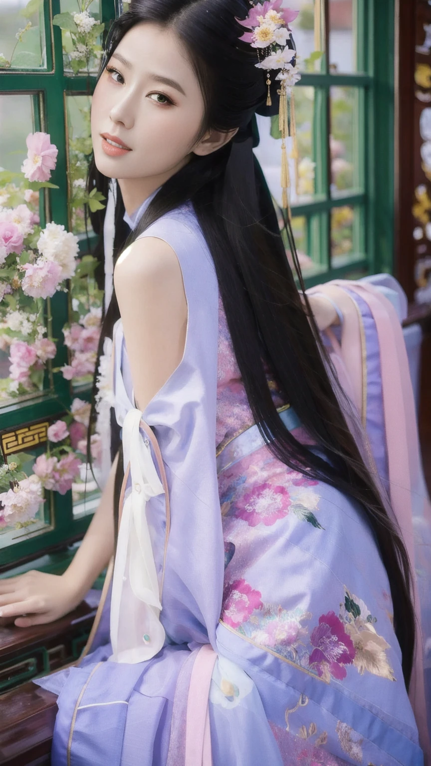 1 fashion model 18 years old [[[[close up]]]], [[[[neck]]]], [[[[Shoulder]]]], Perfect eyes, Perfect Iris，Perfect lips，Perfect Teeth，Perfect skin，White skin，Soft headlight，High-density imaging，Black long hair，（Clean and delicate face），((Chinese clothing))，((Sexy))，((Background is indoor))，((There are green trees and flowers outside the window))，best quality，masterpiece，（Soft colors：1.2）