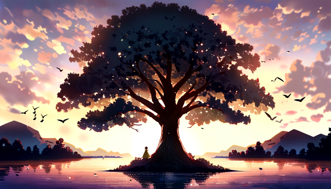 Peaceful scenery at dawn, Soft gold tones depict the horizon where birds sing, Onohana,A towering tree,Image in 2560 x 1440 pixel format