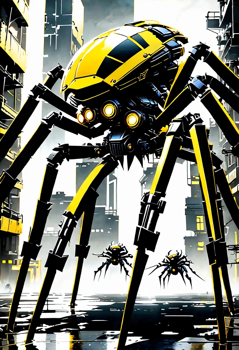 A giant mecha spider designed based on an enemy of a Metal Gear Solid character, in striking yellow and black. high-contrast lighting, got missile launchers,the environment is a post-apocalyptic urban war city ruin, with army and tank, broken place adding depth. The scene's mood is tense and foreboding, alloy armor striking the color, with a metallic sheen reflecting exoskeleton. ultra realistic , ultra details with gears,