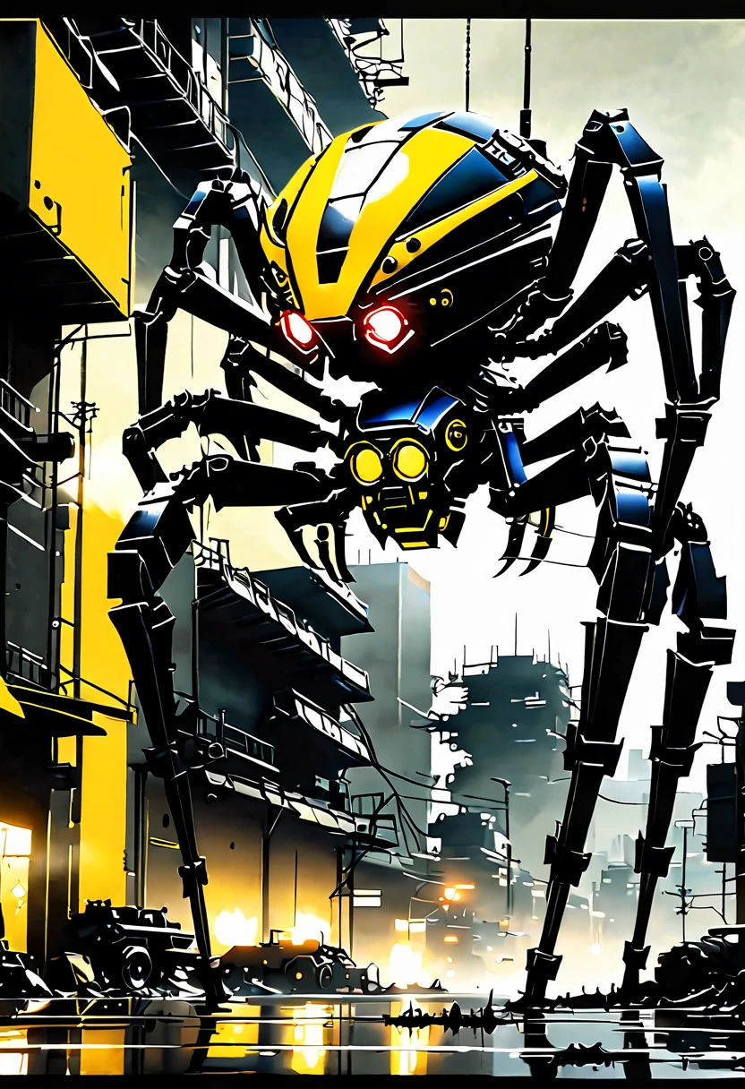 A giant mecha spider designed based on an enemy of a Metal Gear Solid character, in striking yellow and black. high-contrast lighting, got missile launchers,the environment is a post-apocalyptic urban war city ruin, with army and tank, broken place adding depth. The scene's mood is tense and foreboding, alloy armor striking the color, with a metallic sheen reflecting exoskeleton. ultra realistic , ultra details with gears,