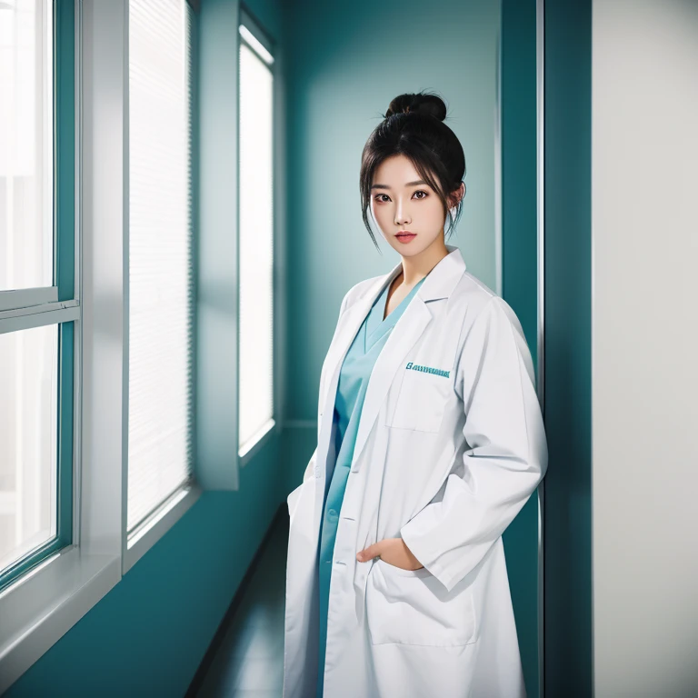 1girl, solo, black hair, beautiful Japanese female doctor wearing white labcoat, parted lips, hair bun, brown eyes, white thighhighs, single hair bun, teal scrubs, cowboy shot, standing, detailed hair