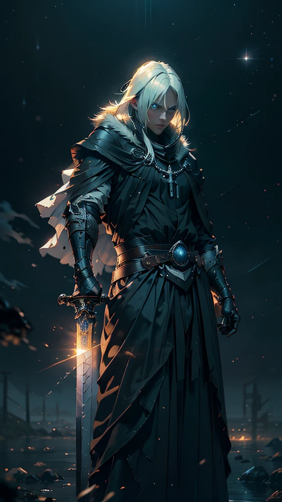 (Best Quality,ultra detailed), artificial raindrops falling, a man standing in the rain, white hair, blue eyes, detailed face(fail),dense ruinscape landscape,majestic and serene nature, shining brightly in the night sky,black medieval outfit, gentle style, drawn black aura sword