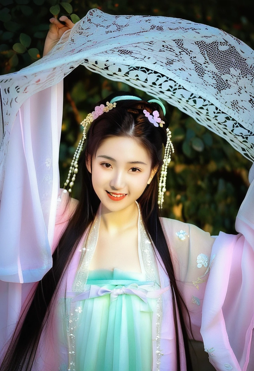 photography,Inspired by Song Huizong,4K
,high details,a girl,photo by Ren hang,solo,looking at viewer,smiling,hanfu,lace,multi -layer transparent and embroidered silk fabric,elegant,rich colors,expressive eyes,jade accessories,silk texture,pearl jewelry,rose petals,long hair,hime cut,wavy hair, dynamic soft lighting