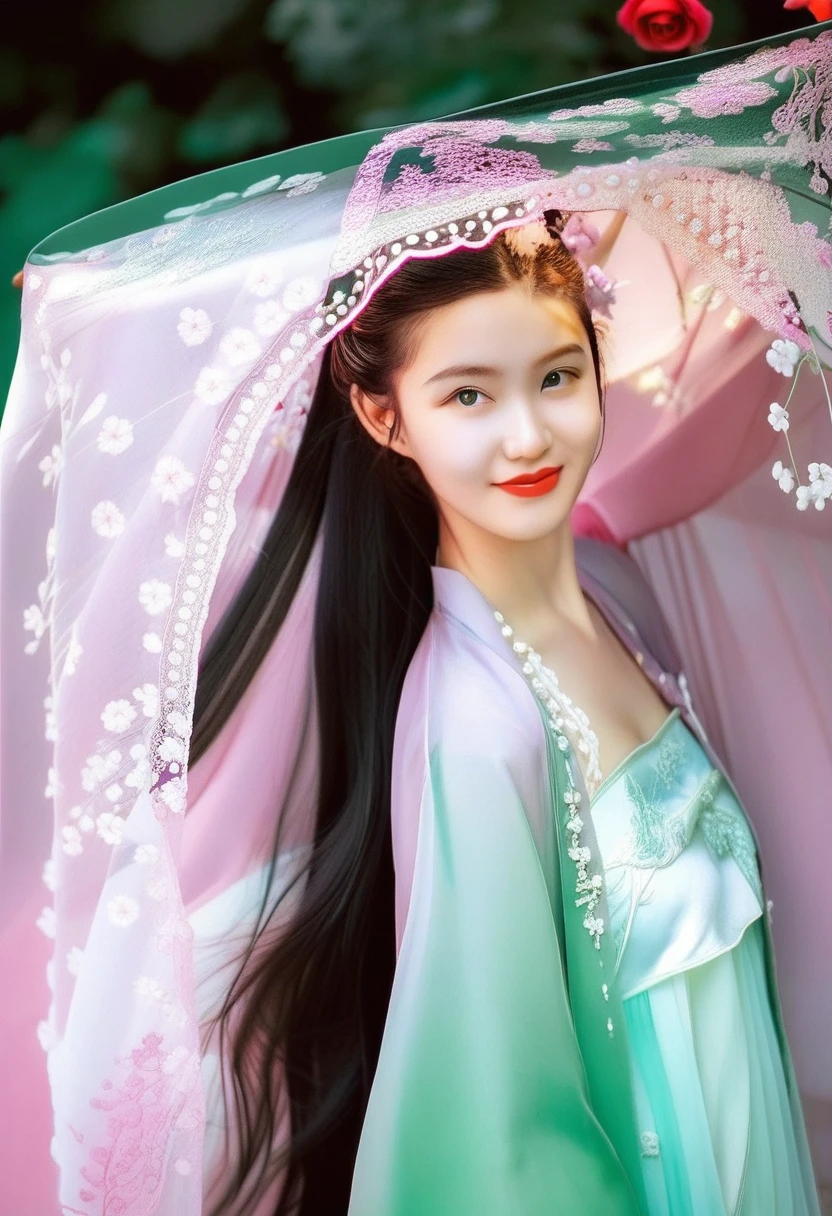 photography,Inspired by Song Huizong,4K
,high details,a 17 yo girl,photo by Ren hang,solo,looking at viewer,smiling,hanfu,lace,multi -layer transparent and embroidered silk fabric,elegant,rich colors,expressive eyes,jade accessories,silk texture,pearl jewelry,rose petals,long hair,hime cut,wavy hair, dynamic soft lighting