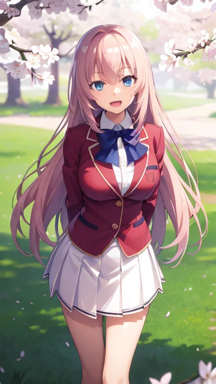 masterpiece, best quality, highres, aahonami, long hair, Blonde pink hair, blue eyes, , blue bowtie, blazer, red jacket, long sleeves, pleated skirt, white skirt, arms behind back, smile, open mouth, leaning forward, standing, cherry blossoms,