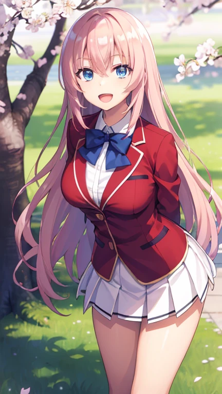 masterpiece, best quality, highres, aahonami, long hair, Blonde pink hair, blue eyes, , blue bowtie, blazer, red jacket, long sleeves, pleated skirt, white skirt, arms behind back, smile, open mouth, leaning forward, standing, cherry blossoms,