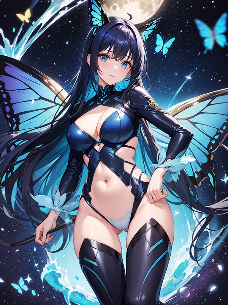 Woman with dark blue hair, butterfly wings, galaxy rainbow, leotard